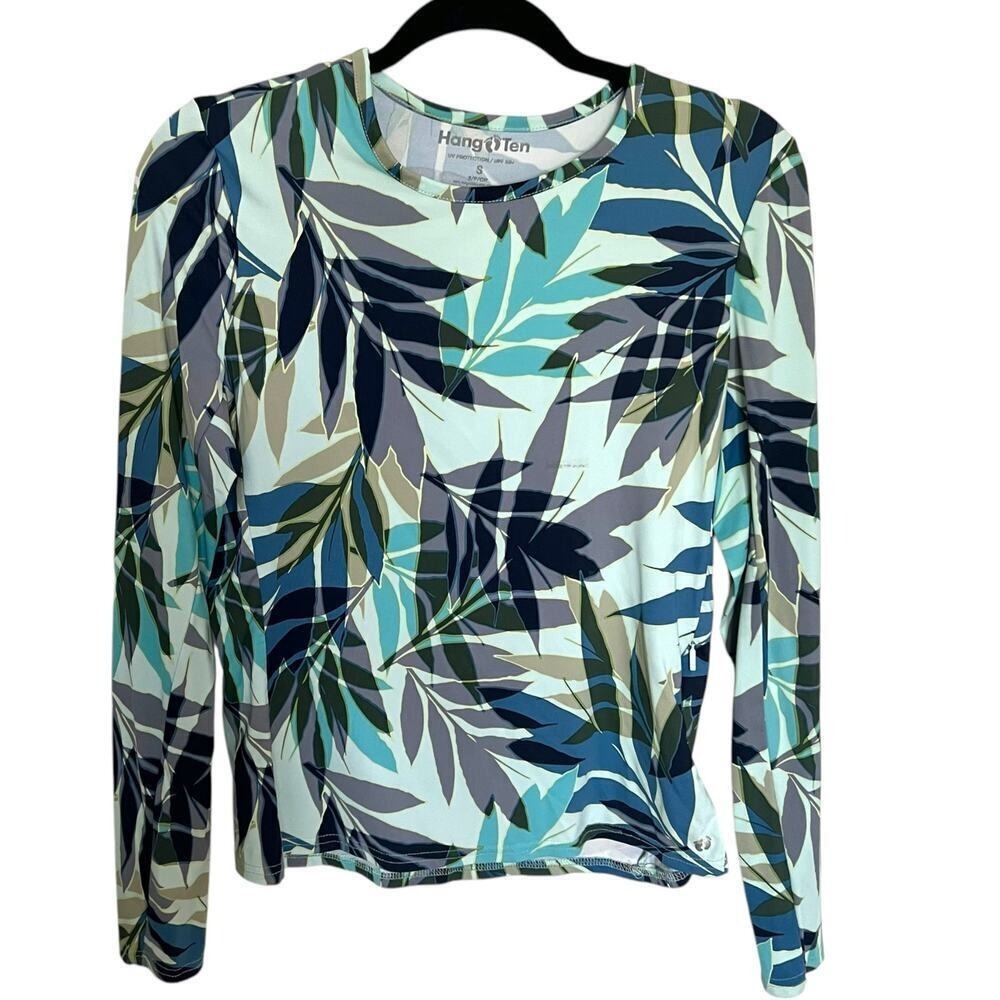 Hang‎ Ten Womens UPF 50+ Sun Shirt Long Sleeve Tropical Leaf Print Blue Green S